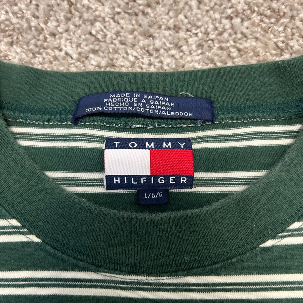 Vintage 90s Tommy Hilfiger Striped Tshirt Crest Men Size Large Green Crewneck - Picture 5 of 7